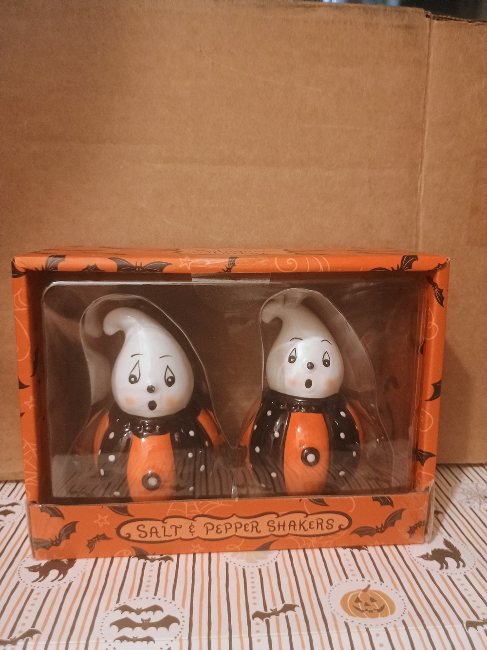 Halloween Ghost Salt & Pepper Shaker Set - Orange and White
